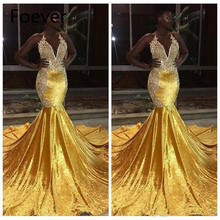 2019 Elegant Yellow Prom Dresses For Black Girl Long Mermaid Halter Lace Appliques Evening Gowns Backless Prom Wear 2024 - buy cheap