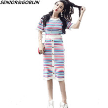 2022 Summer New 2 Piece Set Women Sweater Knitted Rainbow Striped Sets O-neck Pullovers Tops+Single-breasted Bodycon Skirt Suits 2024 - buy cheap