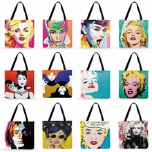 Женская сумка через плечо, сумка-тоут с поп-принтом Монро и Хепберн, Повседневная Складная сумка для покупок, сумка из льняной ткани, Пляжная уличная сумка 2024 - купить недорого