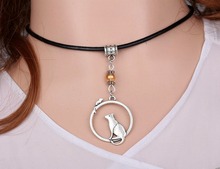 Vintage Silver Round Cat and Mouse Necklace &Glass Charms Collar Leather Choker Necklace Pendants Women Jewelry Accessories H93 2024 - buy cheap