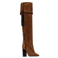 Inverno camurça marrom couro pontudo toe bloco de salto alto borla fold slouch botas longas feminino chunky calcanhar deslizamento no joelho alto espólio 2024 - compre barato