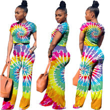 Chándal de dos piezas para mujer, sudadera de manga corta con pintura Tie-Dye, conjunto de pantalones de pierna ancha, ropa informal 2024 - compra barato