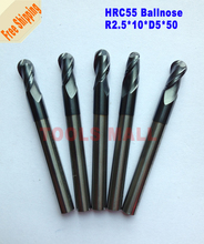 Frete Grátis-5pcs 2.5mm Raio 2 Flautas 5mm Ballnose Espiral Ferramentas Bit Fresagem CNC Carbide End mills HRC55 R2.5 * 10 * D5 * 50 2024 - compre barato