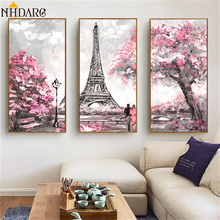 Torre de paisaje de París para decoración del hogar, paisaje de París sobre lienzo para pared, imagen para sala de estar, 3 paneles, Rosa 2024 - compra barato