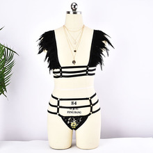 Black Feathers Tops Body Cage Bralette Sexy Gothic Lace Briefs Panties 90s Fetish Shrug Wing Garters Feather Shoulder Harness 2024 - buy cheap