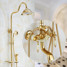 Grifo de ducha y baño de lujo, estilo europeo, latón y jade y oro, acabado, grifo de ducha montado en la pared con cabezal de ducha de lluvia 2024 - compra barato