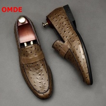 OMDE Luxury Ostrich Skin Pattern Genuine Leather Loafers Fashion Slip-on Men Shoes Leather Casual Shoes Brand Dress Shoes 2024 - buy cheap