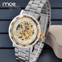 brand MCE silver strap fashion golden frame hollow skeleton watch mens mechanical wrist watch add free box,free shipping 2024 - купить недорого