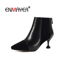 ENMAYER Woman Boots Real Leather Ankle Boots Women Pointed toe Winter Shoes Thin Heels Zipper Patch womens boots ankle CR1730 2024 - buy cheap