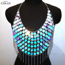 Chran Iridescent Sequins Beaded Crop Top Chain Holographic  Necklace Halter Bra Bikini Wear Party Burning Man Festival  Jewelry 2024 - buy cheap