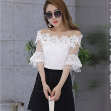 Summer Autumn Women Shirt Floral Lace Blouse Hollow Out Slash Neck Off Shoulder Blouses Blusas Flare Sleeve Short Tops SF1036 2024 - buy cheap