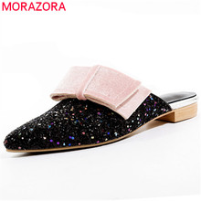 MORAZORA 2019 new arrive women slipper pointed toe outside summer shoes bowknot slip on low heels party shoes woman big size 43 2024 - buy cheap