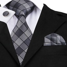 Mens Tie Fashion Black White Plaid Silk Fabric Necktie Hanky Cufflink Set Sell Like Hot Cakes Men Business Ties For Men C-1017 2024 - buy cheap