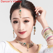 Feminino senhora indiana dança acessórios headdress brincos colar 3 pçs conjunto barriga oriental dança competição desempenho decoração 2024 - compre barato