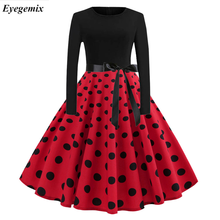 Vestido de lunares negros para mujer, Túnica de manga larga, Vintage, años 50 y 60, Rockabilly, gótico, Pin Up, otoño e invierno, con cinturón 2024 - compra barato