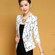 Peonfly-blazer feminino com estampa geométrica, preta, branca, elegante, casual, para escritório, casaco feminino, manga de três quartos, blazer 2024 - compre barato