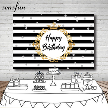 Sensfun Black and White Striped Backdrop Silver Glitter Dots Gold Frame Happy Birthday Photography Backgrounds 7x5ft Vinyl 2024 - buy cheap