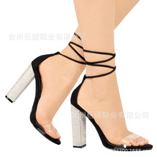 Women's Sandals Summer Square heel Cloth Scrub PU Round head Rhinestone Side zipper Solid color Ankle strap Party Woman shoes 2024 - buy cheap