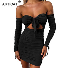 Articat-Vestido corto plisado de manga larga para mujer, Sexy, sin tirantes, con encaje, para fiesta y discoteca 2024 - compra barato