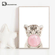 Cor-de-rosa bolha bebê tigre animal arte da parede impressão em tela do berçário cartaz pintura decorativa imagem nordic crianças quarto decoração 2024 - compre barato