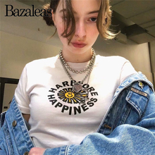 Camiseta curta feminina com estampa de girassol, camiseta curta casual e sensual com estampa da felicidade de harajuku streetwear 2024 - compre barato