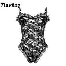TiaoBug Men Black Lace Floral Nipple Splits with Ribbon Hot Sexy Sissy Lingerie Thong Male Transparent Bodysuit Erotic Nightwear 2024 - buy cheap
