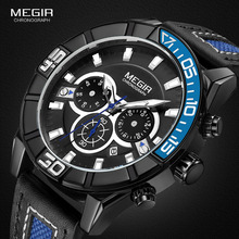 Megir relógio esportivo de quartzo, masculino com pulseira de couro, cronógrafo, analógico, de pulso com display de 24 horas, mãos luminosas 2066g-bk 2024 - compre barato