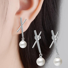 KOFSAC-pendientes de plata 925 con abalorios coreanos para mujer, aretes de perlas brillantes de circonita "X", joyería fina para el Día de San Valentín 2024 - compra barato