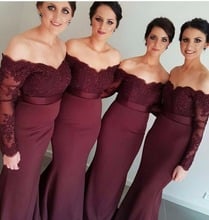 Long Sleeves Off The Shoulder Mermaid Burgundy Bridemaid Dresses African Appliqued Lace Prom Dress Wedding Party Gowns 2024 - buy cheap