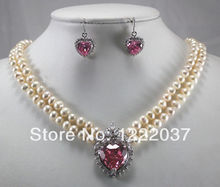 new 2 row 7-8mm white pearl & heart pink zircon pendant necklace earring set 2024 - buy cheap