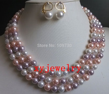 Free Shipping Jewelry 00804 beautiful 3 row 8mm white pink lavender shell pearl necklace/ earring set can choose (A0428) 2024 - buy cheap