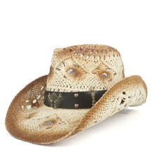 Chapéu de vaqueiro ocidental, feminino, de palha, feito à mão, tamanho 56-58cm 2024 - compre barato