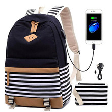 Mochila usb de lona com listras para meninas adolescentes, bolsa para escola e faculdade, leve, para viagem e acompanha estojo 2024 - compre barato