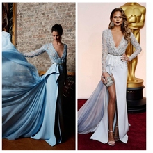 2022 Sexy Split Evening Dresses Long Sleeved Plunging Side Slit Embellished Beading Vestidos De Festa Prom Celebrity Dress 2024 - buy cheap