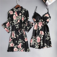 Navy Blue Womens 2PC Strap Top Pajamas Sleepwear Sets Lady Home Wear Nightgown Suit Sexy Kimono Robe Bath Gown Sleepshirts M-XXL 2024 - buy cheap