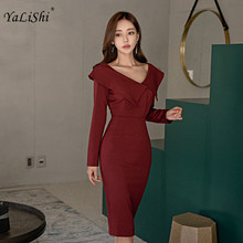 2018 Plus Size Pencil Dress Women Autumn Red Long Sleeve V-neck Knee-length Elegant Ladies Dress Vintage Wedding Party Dresses 2024 - buy cheap