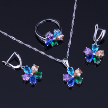 Conjunto de joias banhadas a prata, corrente, pendente, flores, multigema, zircônia cúbica, multicolorida, v0256 2024 - compre barato