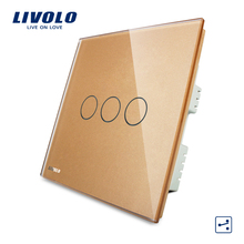 LIVOLO, Wall Switch,  Automation 3gang 2way UK standard Touch Light Switch AC 220-250 VL-C303S-63 Golden Crystal LED Glass Panel 2024 - buy cheap