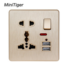 Minitiger-toma de corriente de pared de Color dorado, dispositivo Universal con 5 orificios, 2.1A, doble puerto de carga USB, indicador LED, 13A 2024 - compra barato