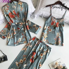 Conjunto de pijama de manga larga para mujer, traje de tres piezas fino y Sexy con estampado de seda de imitación, traje de abrigo + chaleco + Pantalones, otoño 2024 - compra barato