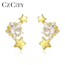 CZCITY Unique Star Zircon Design Stud Earrings for Women Small Double Solid Star Earrings Silver 925 Jewelry Dating Accessories 2024 - buy cheap