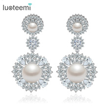 LUOTEEMI-pendientes de boda para mujer, aretes de Zirconia cúbica transparente con perlas hechas, accesorios de lujo, venta al por mayor 2024 - compra barato