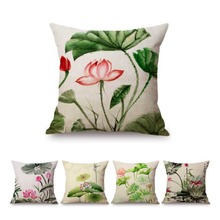 Ink Painting Art Lotus Flower Chinese Calligraphy Home Decorative Sofa Throw Pillow Case Green Palm Leaves Linen Cushion Cover 2024 - buy cheap