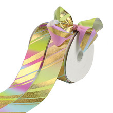 75-084A,3"75mm 50yds rainbow gold hologram stripe print Grosgrain ribbon DIY handmade bow headdress Gift wrapping 2024 - buy cheap