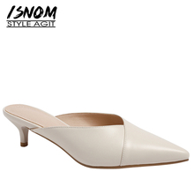 ISNOM Genuine Leather Woman Slippers Pointed Toe Footwear Thin Heels Slides Female Shoes Mules Shoes Women Summer 2019 New 2024 - buy cheap