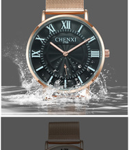 Chenxi relógio de pulso de aço inoxidável, relógio fashion à prova d'água para amantes, homens e mulheres, dourado rosa, branco e preto com malha 2024 - compre barato
