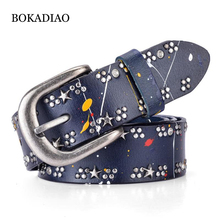 BOKADIAO-Cinturón de cuero genuino para mujer, cinturón Punk con remaches de estrellas, cinturones de diseñador de marca de lujo para mujer, moda femenina, negro 2024 - compra barato