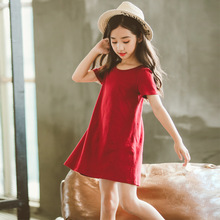 Vestido de verão novas crianças roupas meninas vestido casual o-pescoço cor sólida algodão vestido de manga curta 4-14 anos roupas de estudante 2024 - compre barato