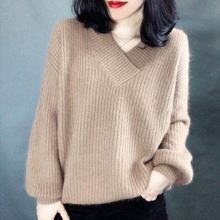 V-Neck Women Autumn Sweater Knitted Lantern Sleeve Cashmere Female Pullover Solid Ladies Elegant Pull Femme 2024 - buy cheap