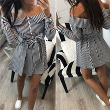 Mini Dresses one pieces Trendy Summer Women dress Off Shoulder Ladies Button striped bandage long sleeve Casual Loose 2024 - buy cheap